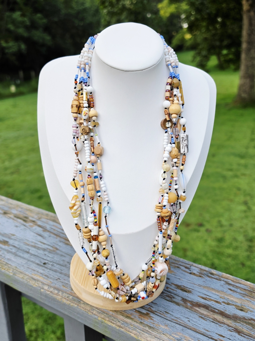 Handcrafted Multi-Strand Beaded Necklace in White, Blue & Natural Tones